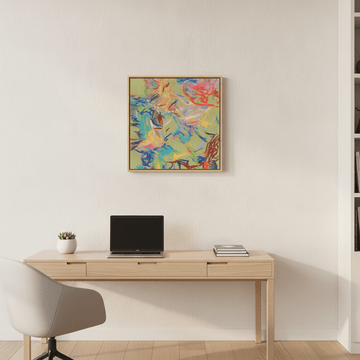 Canvas wall art with a natural timber surround styled in a bright modern office