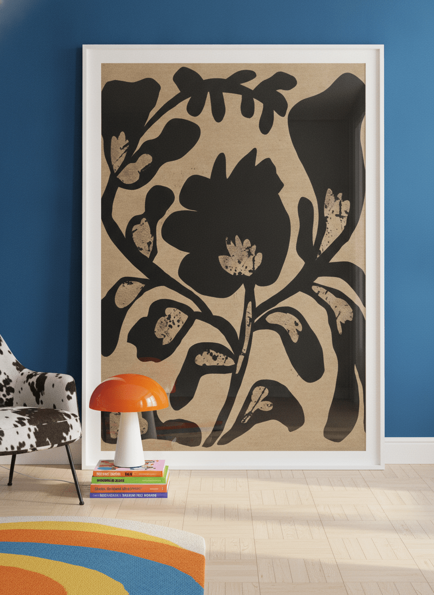 Oversized statement modern wall art print leaning against the wall in a colourful eclectic dining room