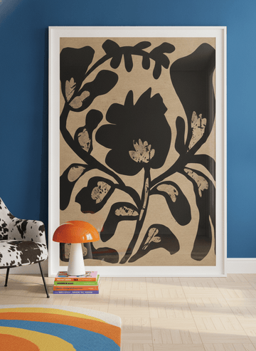 Oversized statement modern wall art print leaning against the wall in a colourful eclectic dining room