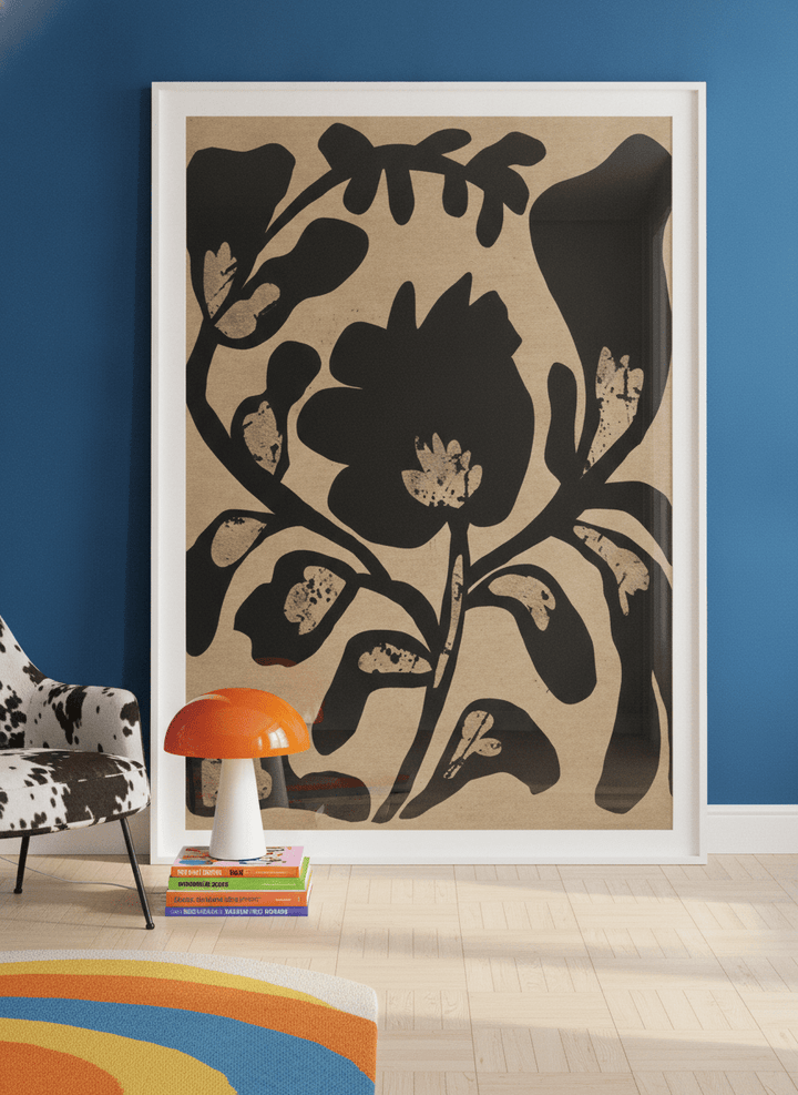 Oversized statement modern wall art print leaning against the wall in a colourful eclectic dining room