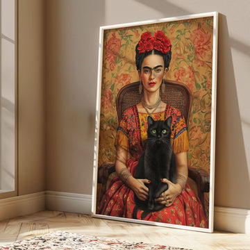 Black Cat Portrait Frida Kahlo,livingroom,timber border