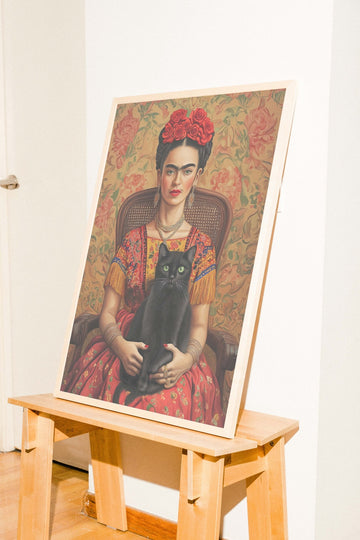 Black Cat Portrait Frida Kahlo,livingroom,timber border