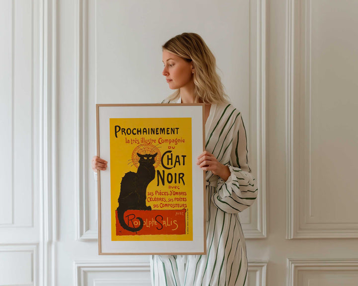 Black chat noir cat vintage poster timber girl holding