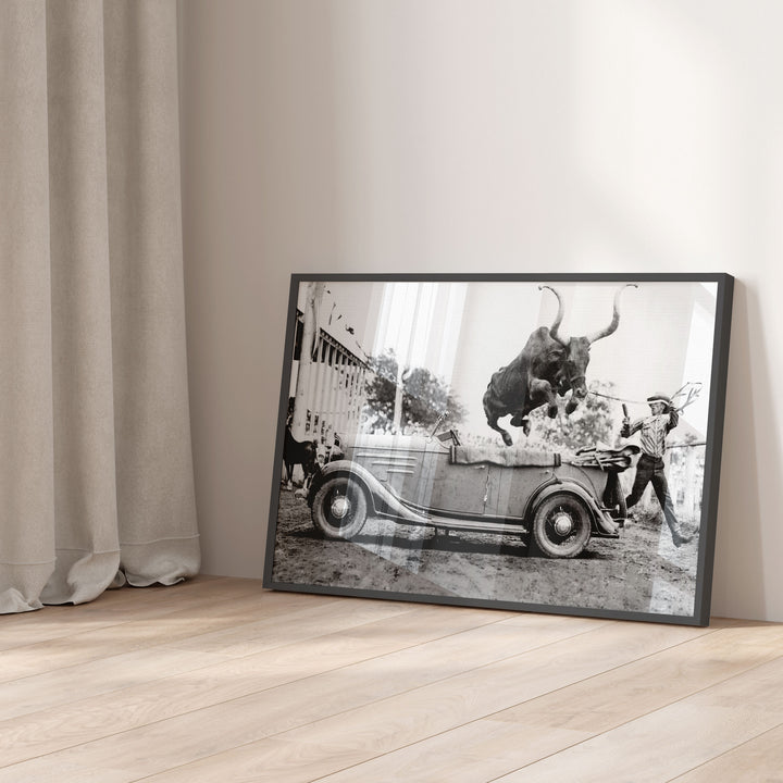 timer print wall art bull over car jumping black