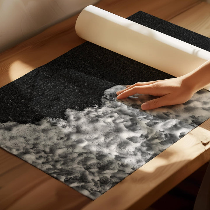 Person rolling out a black and white textured mat on a wooden floor.