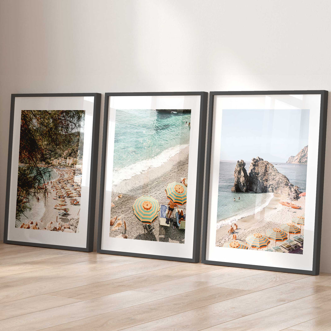 Set of 3 black frame cinque terre coastal wall art white border