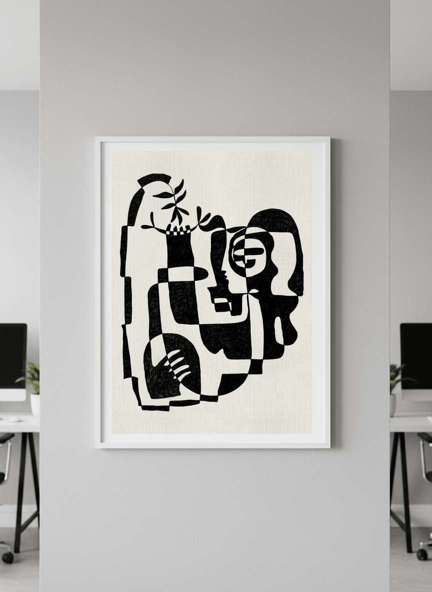 Contemporary wall art featured in a bright modern office workspace
