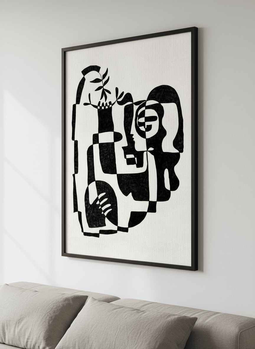 Minimalist artwork displayed in a calm, light-filled bedroom interior