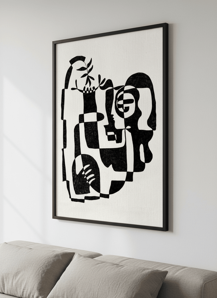 Minimalist artwork displayed in a calm, light-filled bedroom interior
