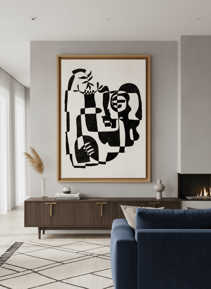 Monumental artwork centred on a feature wall in a luxe interior