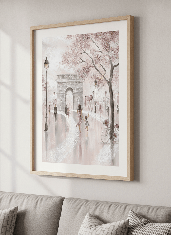 Modern wall art styled above a sofa in a neutral living room