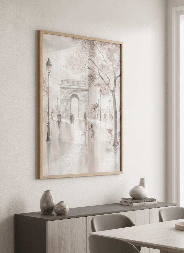 Wall art styled above a dining table in a contemporary home