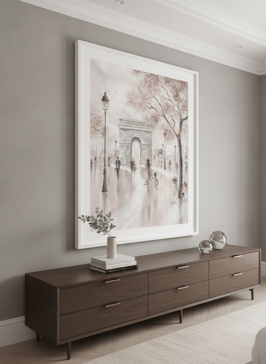 Monumental artwork centred on a feature wall in a luxe interior