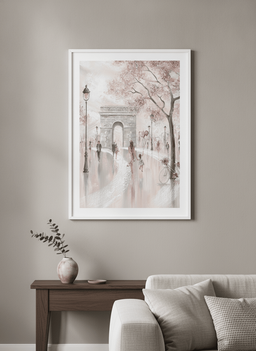 Modern wall art styled above a sofa in a neutral living room