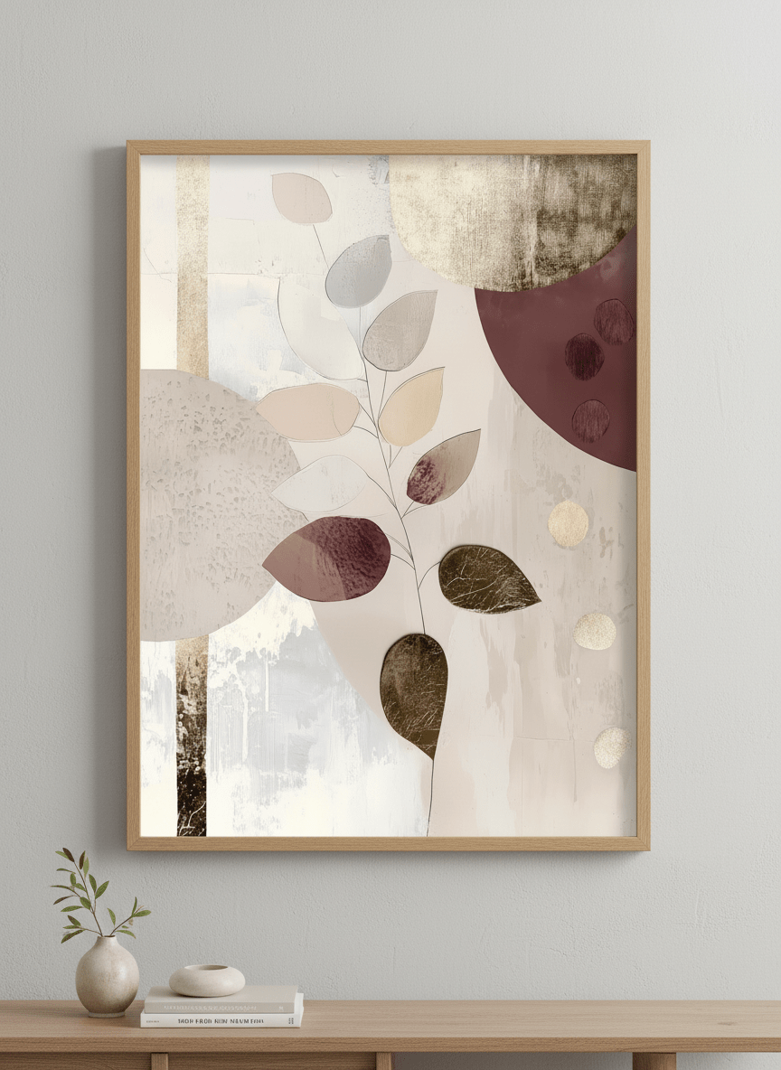 Modern wall art styled above a sofa in a neutral living room