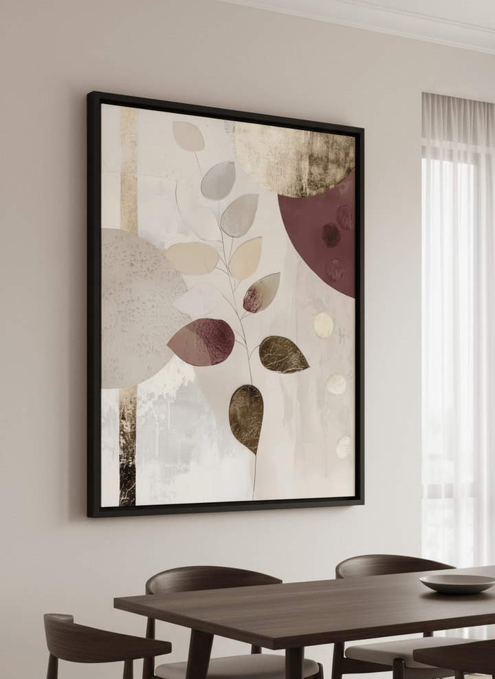 Wall art styled above a dining table in a contemporary home