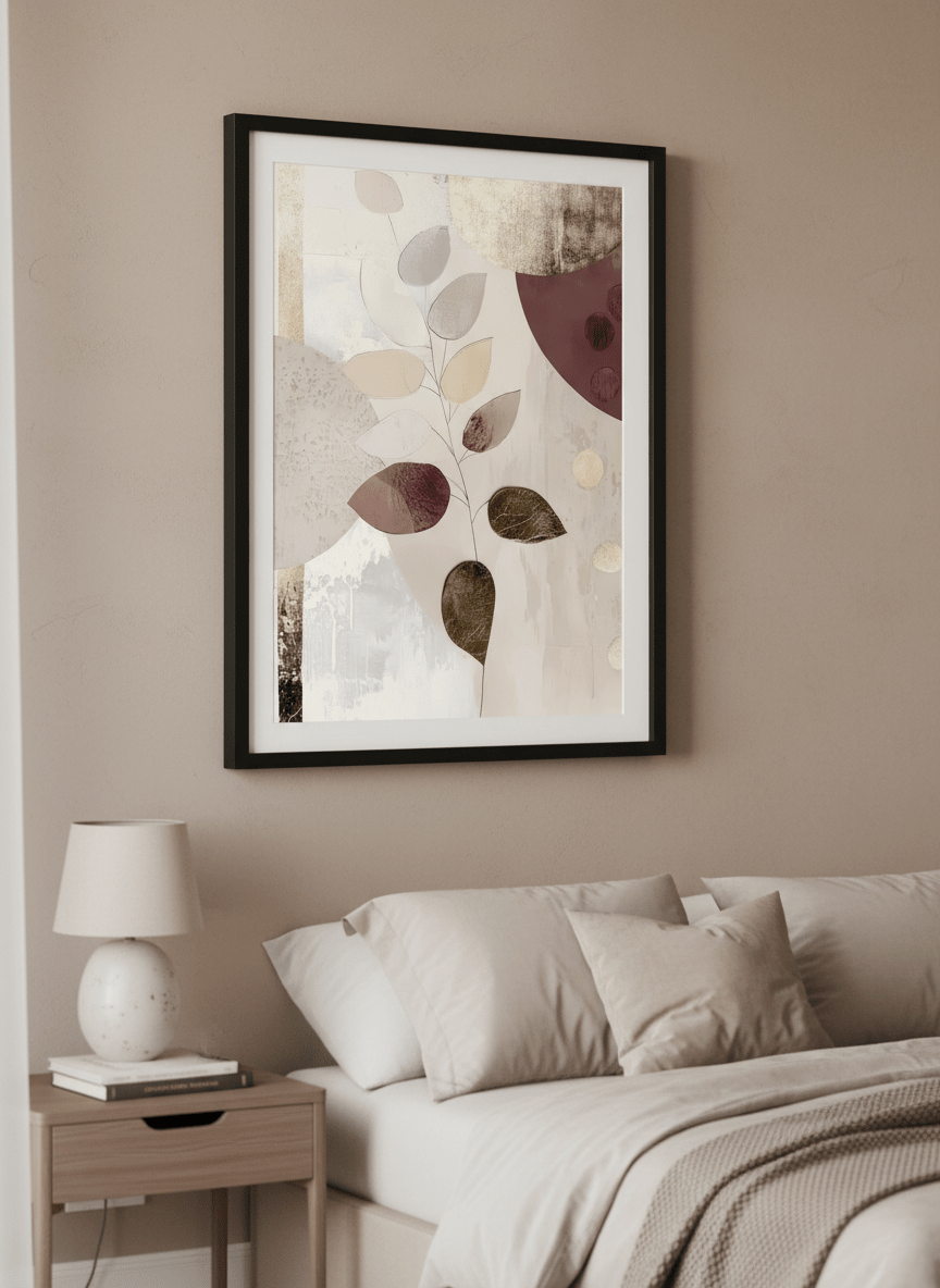 Minimalist artwork displayed in a calm, light-filled bedroom interior