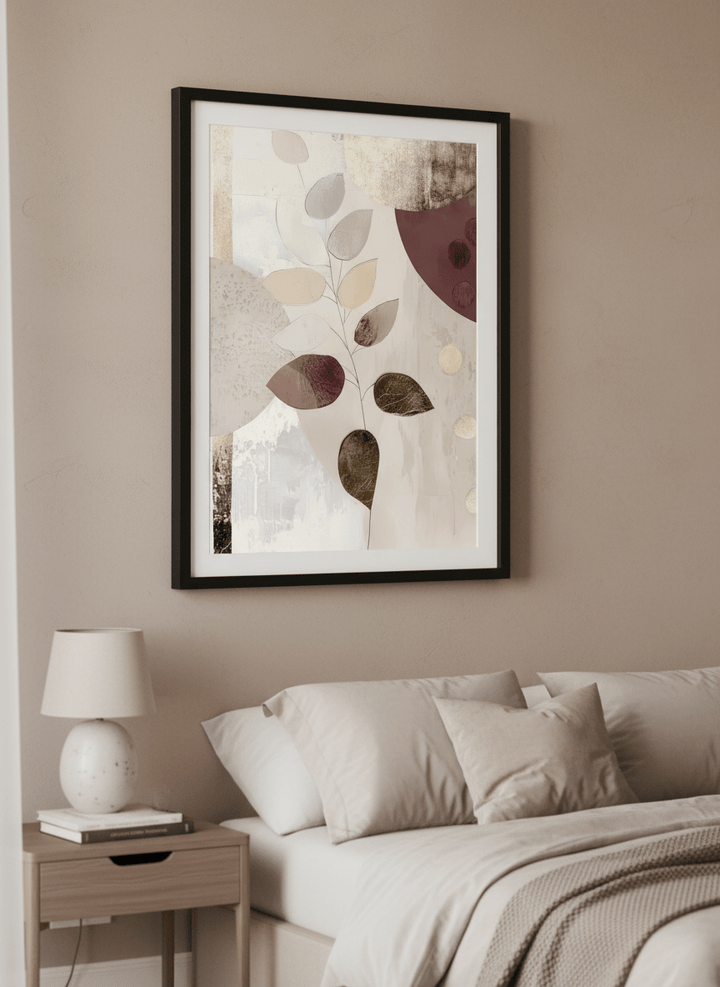 Minimalist artwork displayed in a calm, light-filled bedroom interior