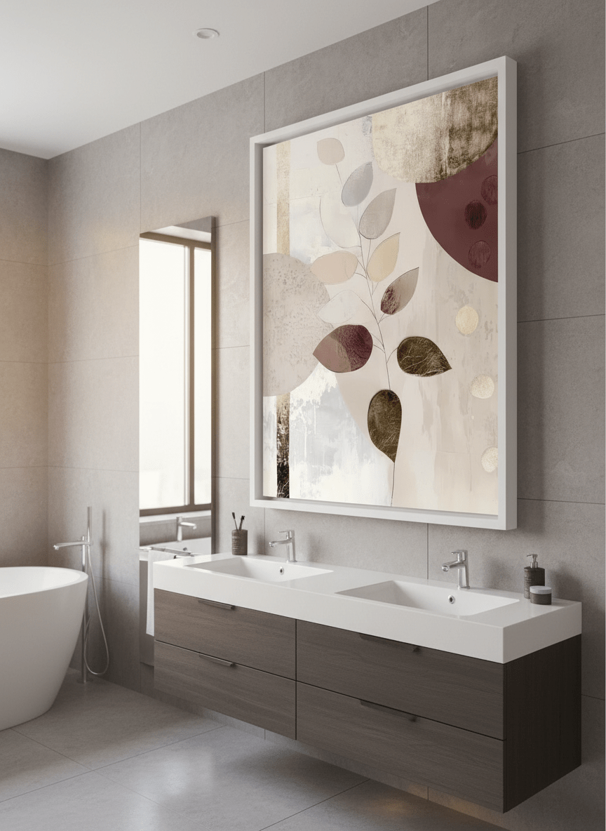 Modern print displayed in a clean minimalist bathroom setting
