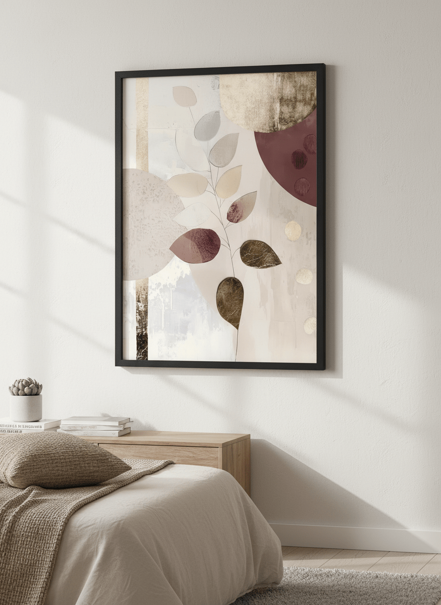 Minimalist artwork displayed in a calm, light-filled bedroom interior