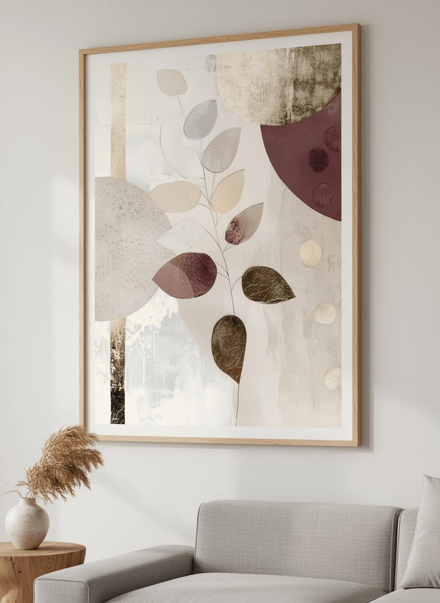 Modern wall art styled above a sofa in a neutral living room