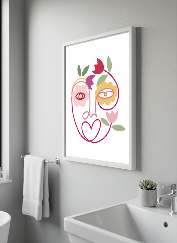 Modern print displayed in a clean minimalist bathroom setting