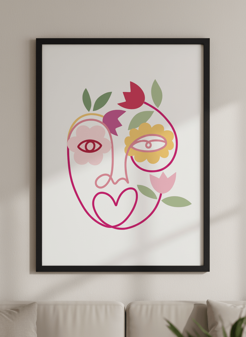 Modern wall art styled above a sofa in a neutral living room