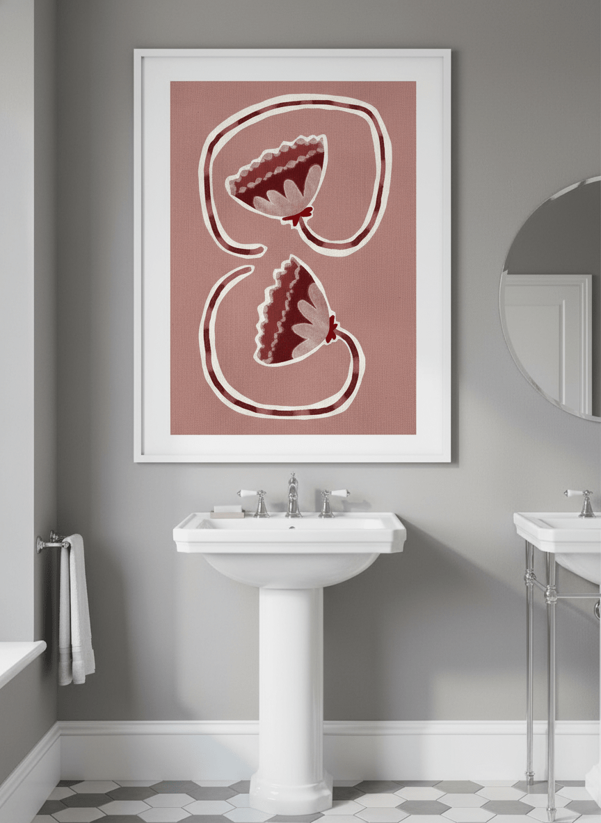 Modern print displayed in a clean minimalist bathroom setting