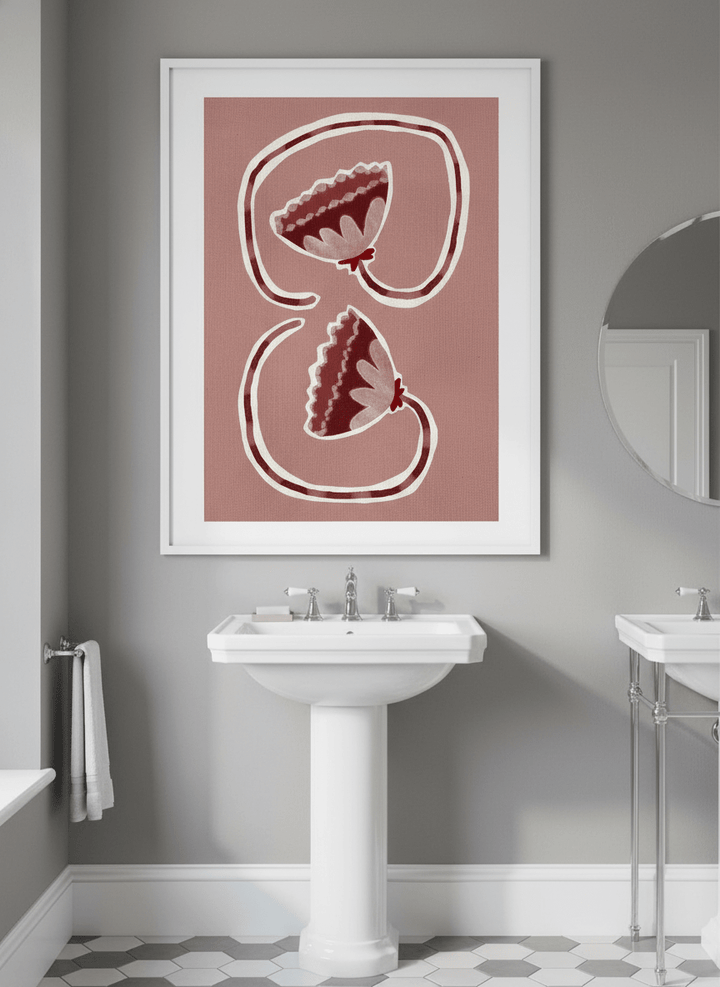 Modern print displayed in a clean minimalist bathroom setting