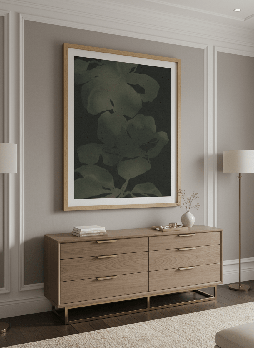 Monumental artwork centred on a feature wall in a luxe interior