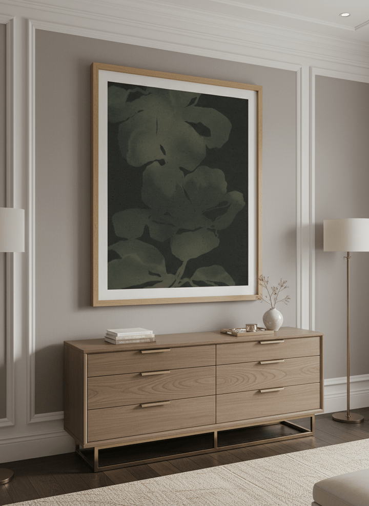Monumental artwork centred on a feature wall in a luxe interior