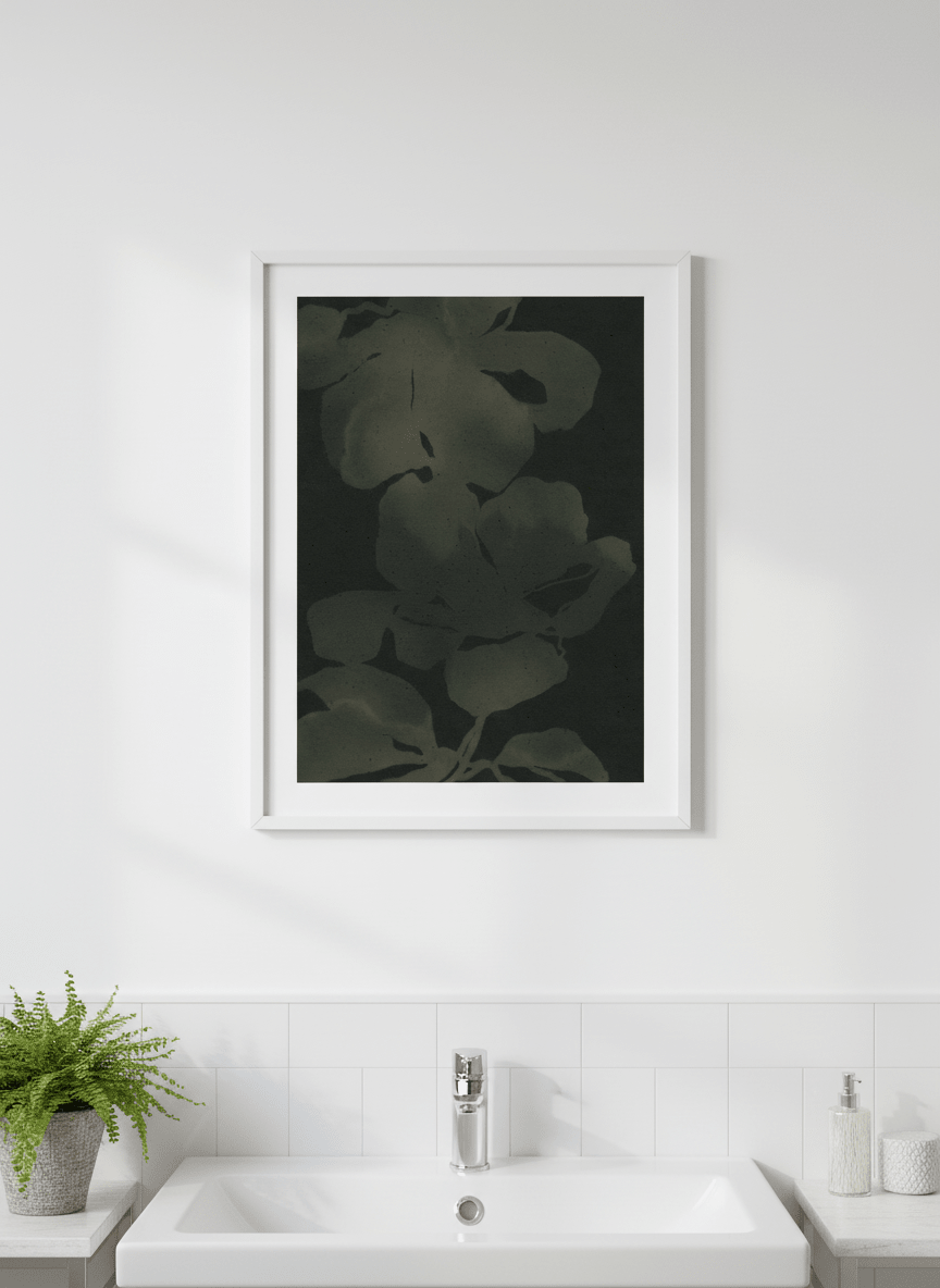 Modern print displayed in a clean minimalist bathroom setting