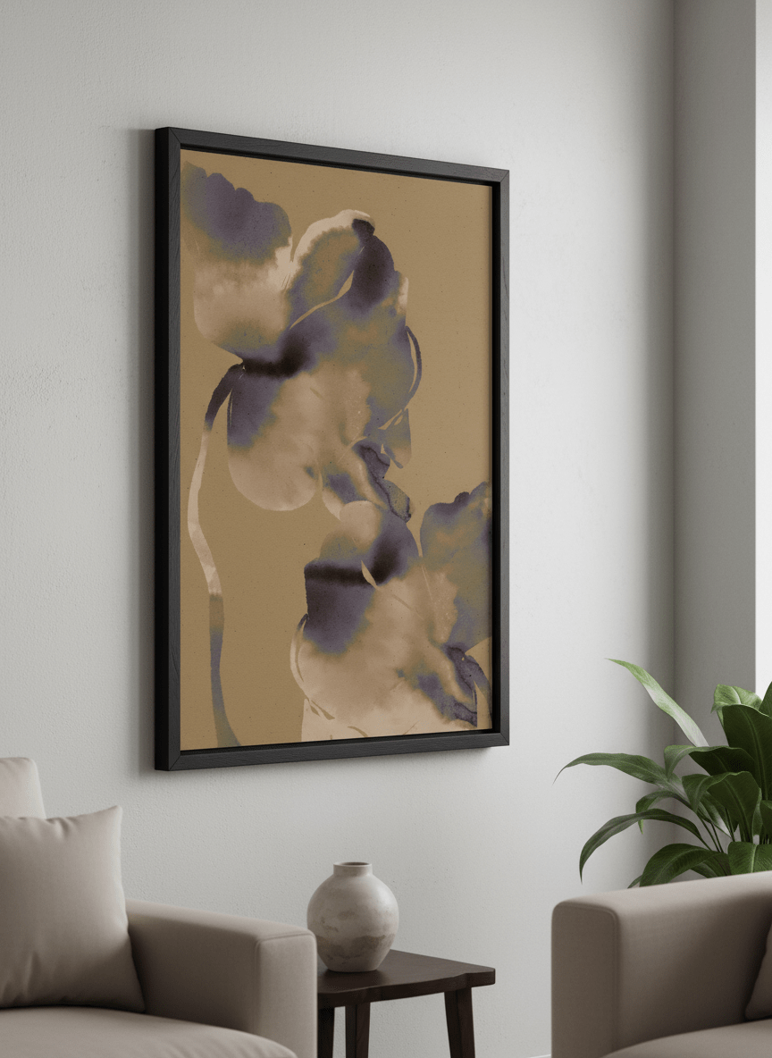 Modern wall art styled above a sofa in a neutral living room