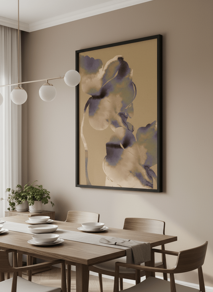 Wall art styled above a dining table in a contemporary home