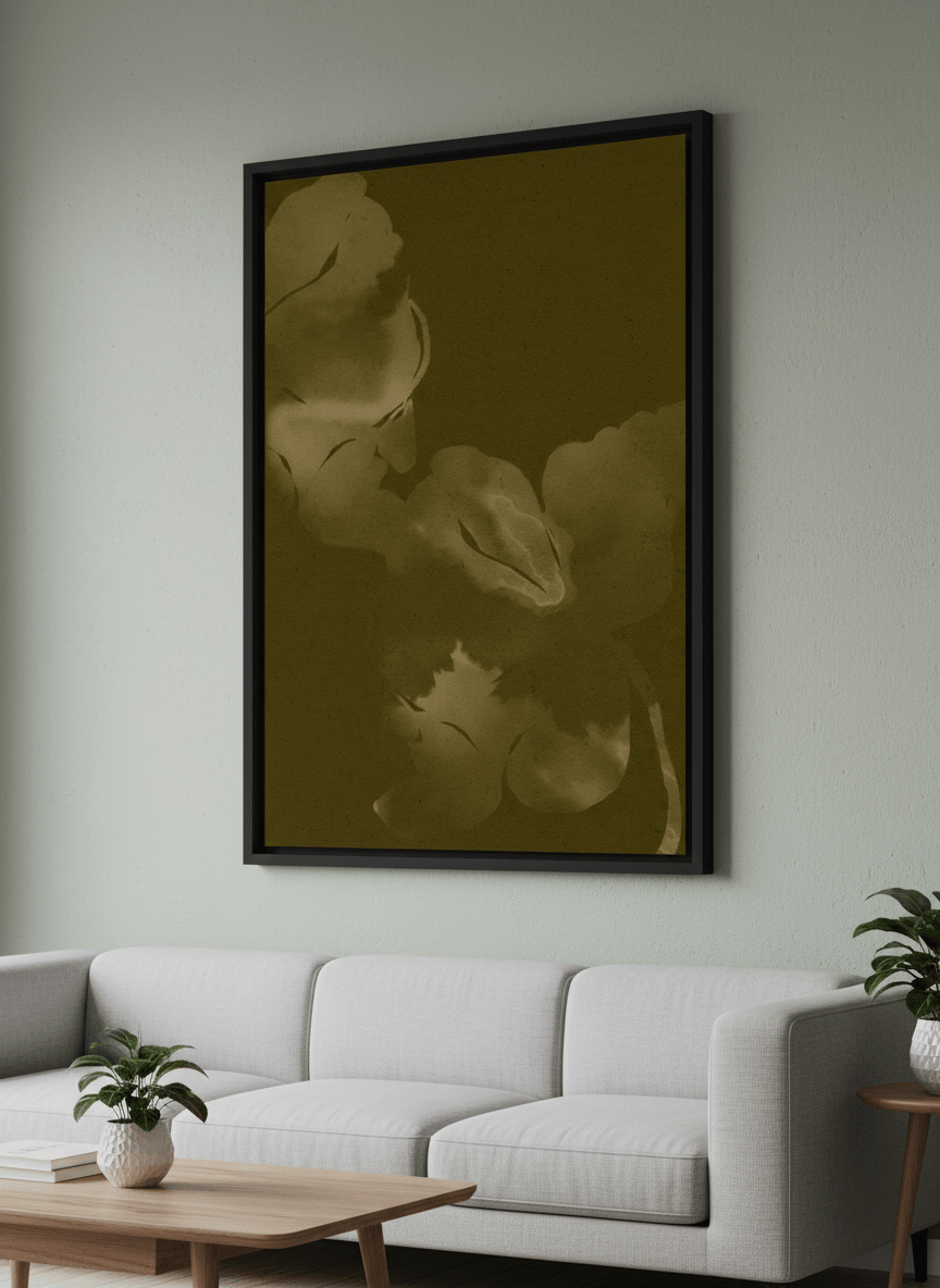Modern wall art styled above a sofa in a neutral living room