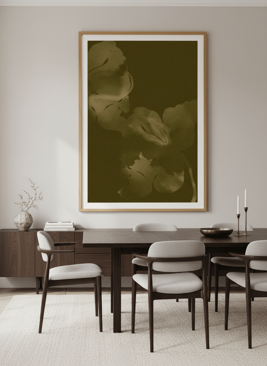 Monumental artwork centred on a feature wall in a luxe interior