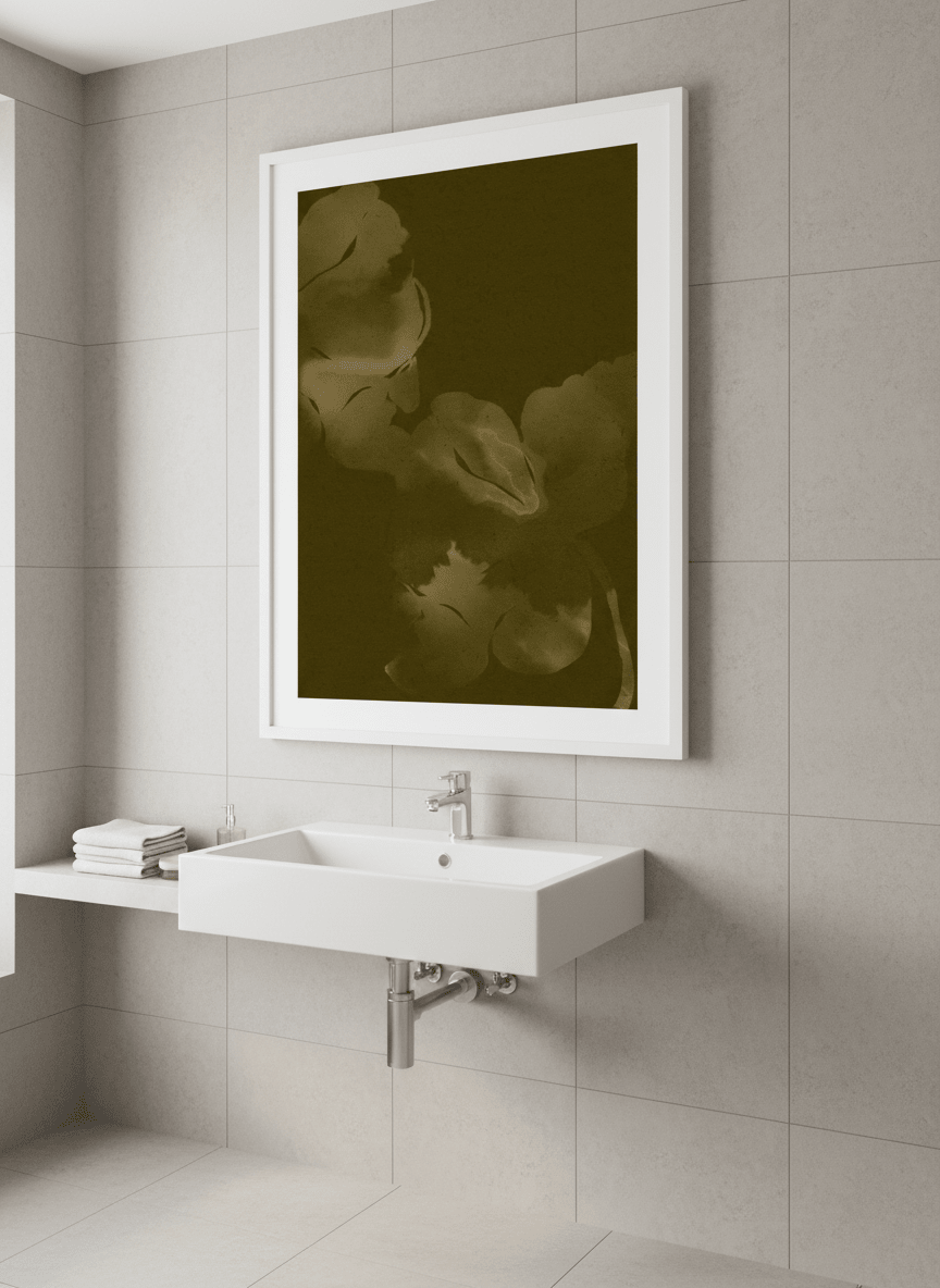 Modern print displayed in a clean minimalist bathroom setting