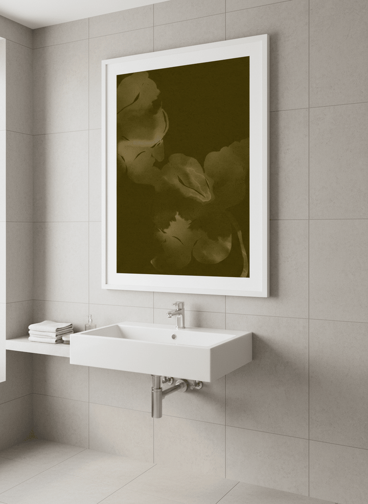 Modern print displayed in a clean minimalist bathroom setting