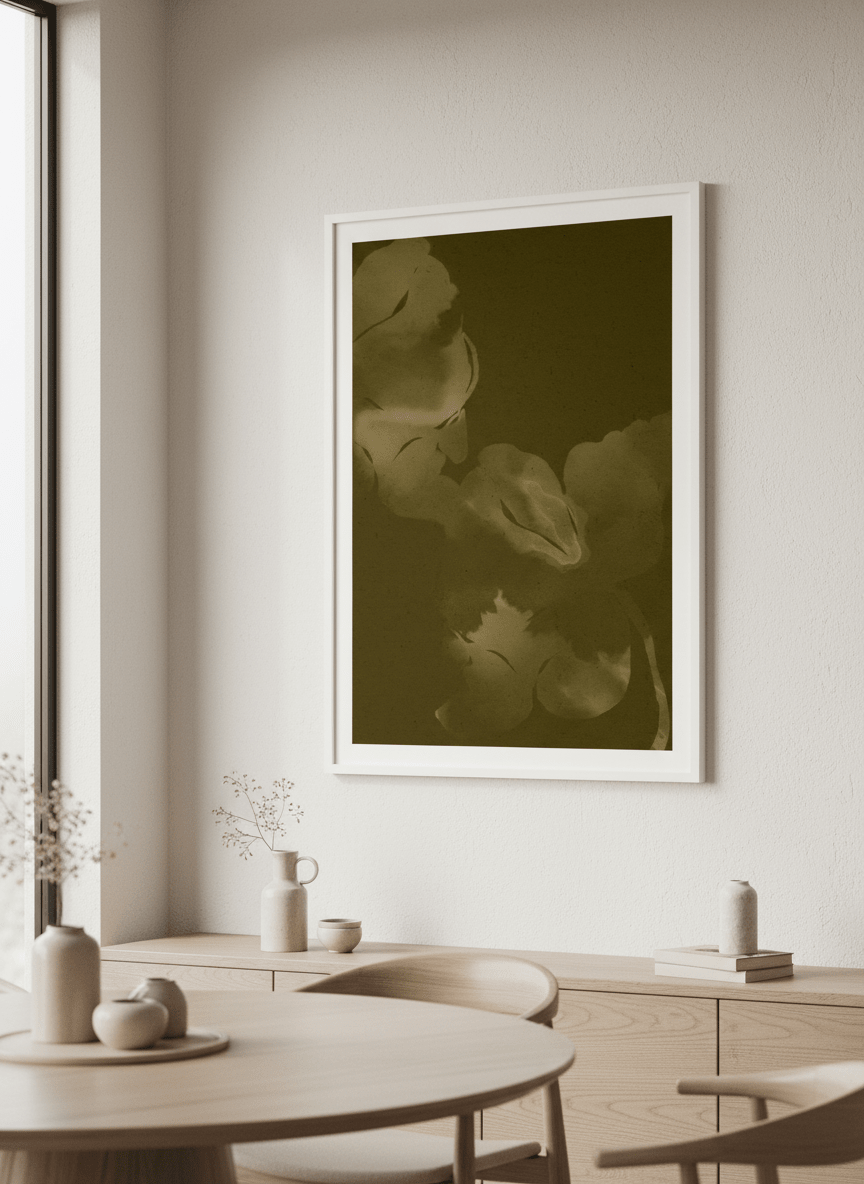 Wall art styled above a dining table in a contemporary home