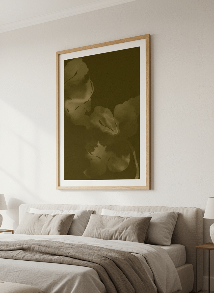 Minimalist artwork displayed in a calm, light-filled bedroom interior