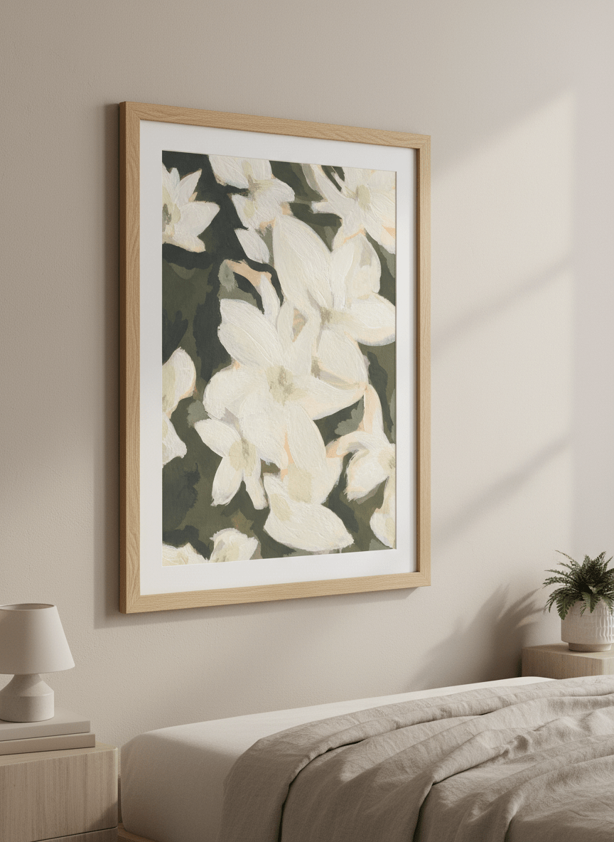 Minimalist artwork displayed in a calm, light-filled bedroom interior