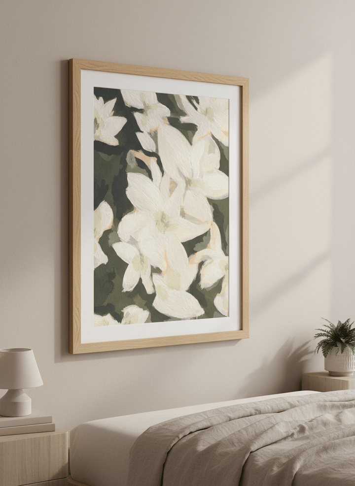Minimalist artwork displayed in a calm, light-filled bedroom interior