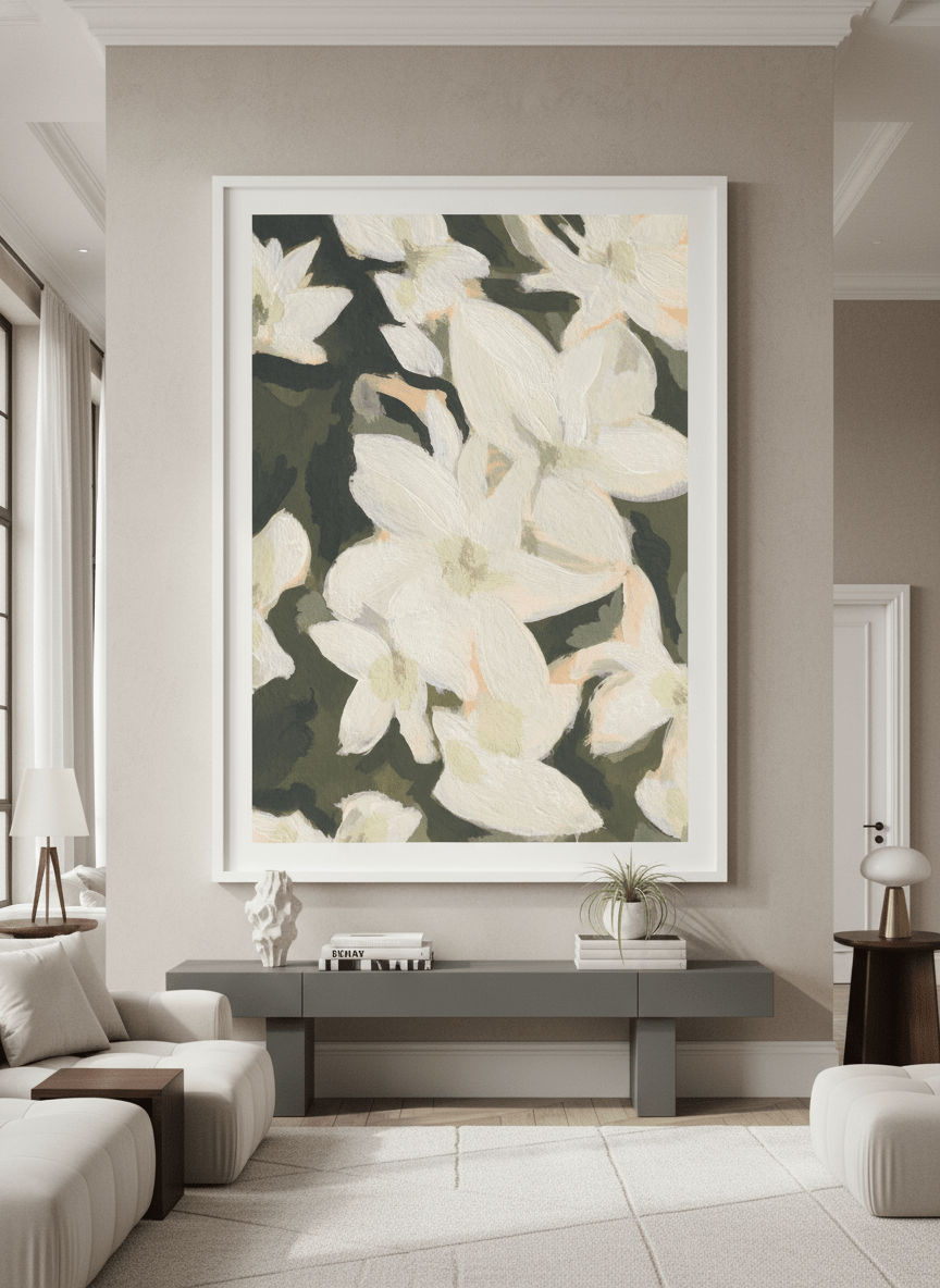 Monumental artwork centred on a feature wall in a luxe interior