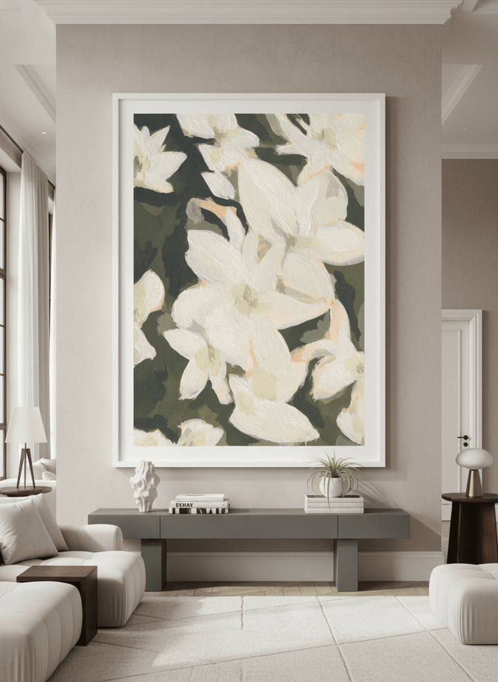 Monumental artwork centred on a feature wall in a luxe interior
