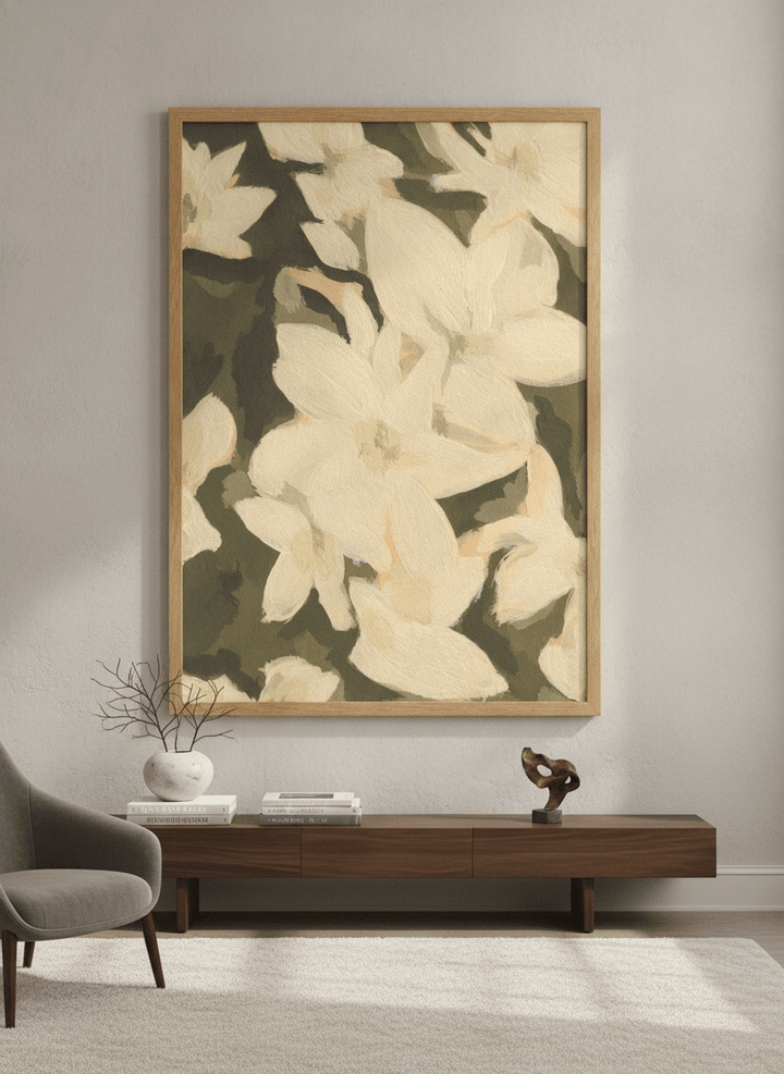 Monumental artwork centred on a feature wall in a luxe interior