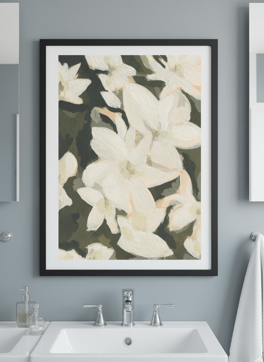Modern print displayed in a clean minimalist bathroom setting