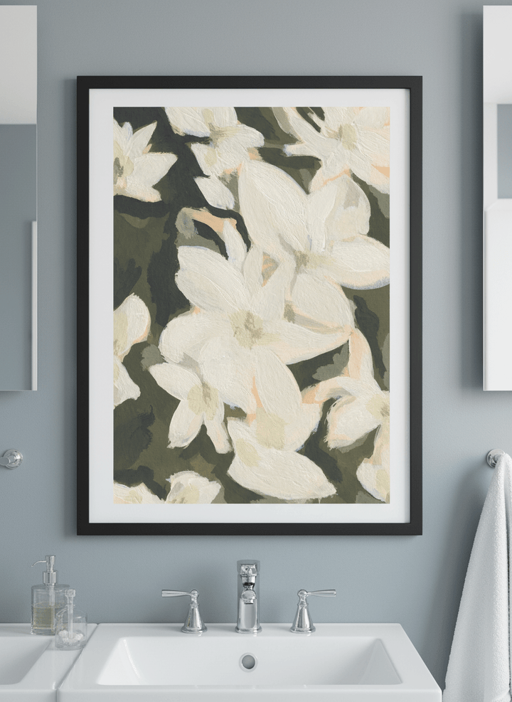Modern print displayed in a clean minimalist bathroom setting