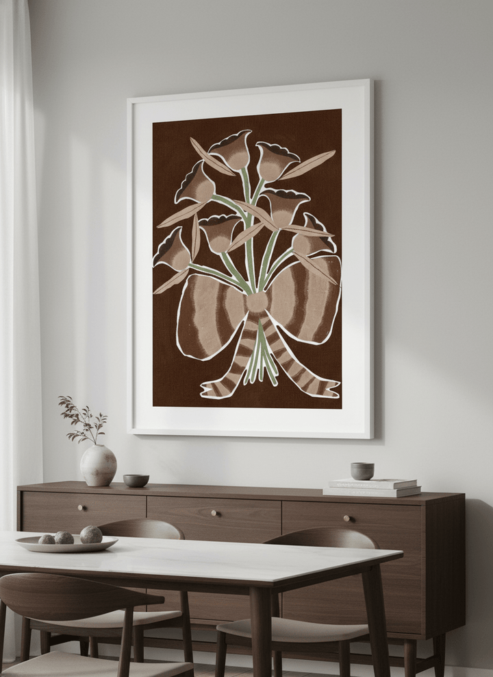 Wall art styled above a dining table in a contemporary home