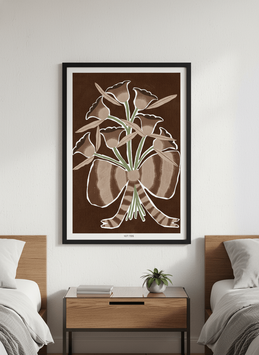 Minimalist artwork displayed in a calm, light-filled bedroom interior