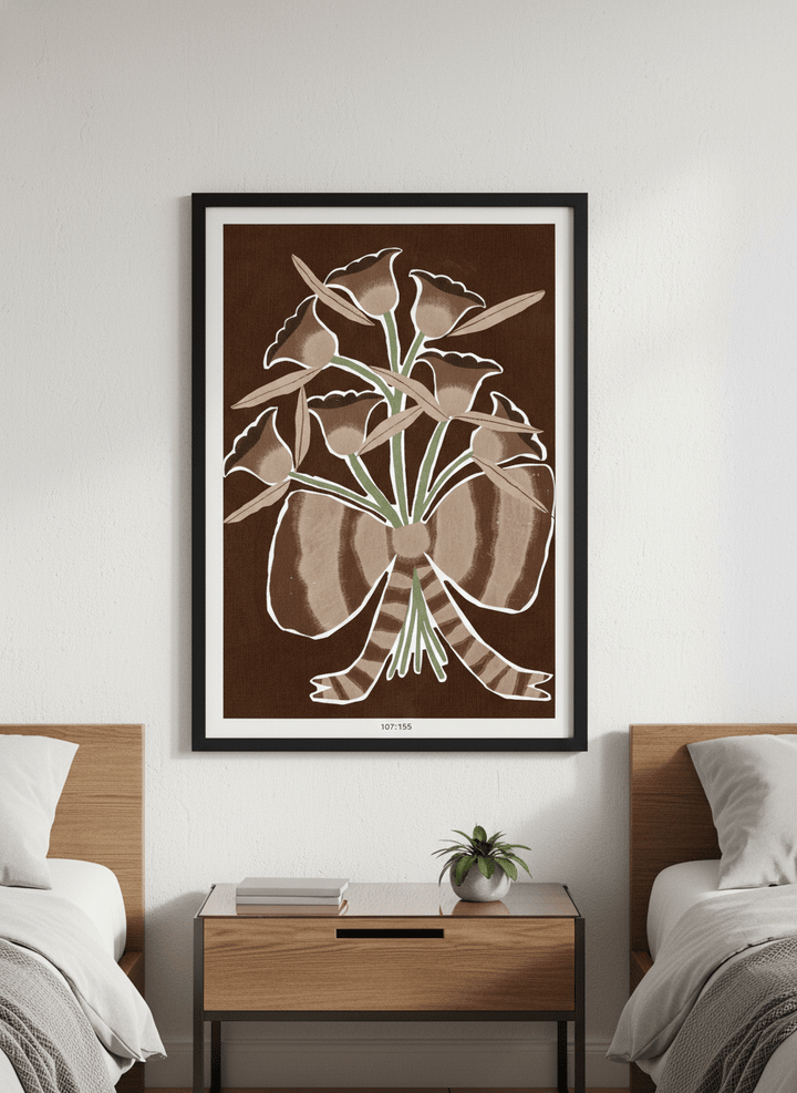 Minimalist artwork displayed in a calm, light-filled bedroom interior